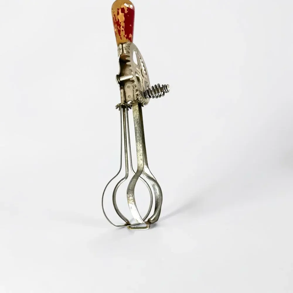 Vintage Red Handle Hand Crank Egg Beater Mixer Wood Handle Farmhouse Kitchen